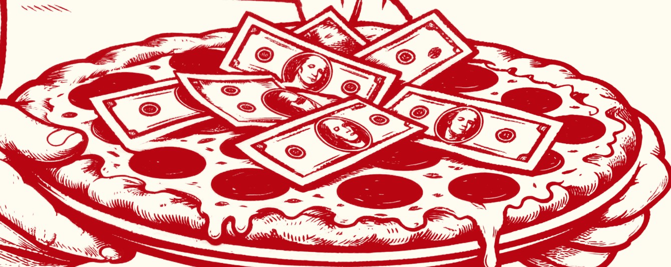 Ausschnitt: die Pizza ist mit Geldscheinen belegt