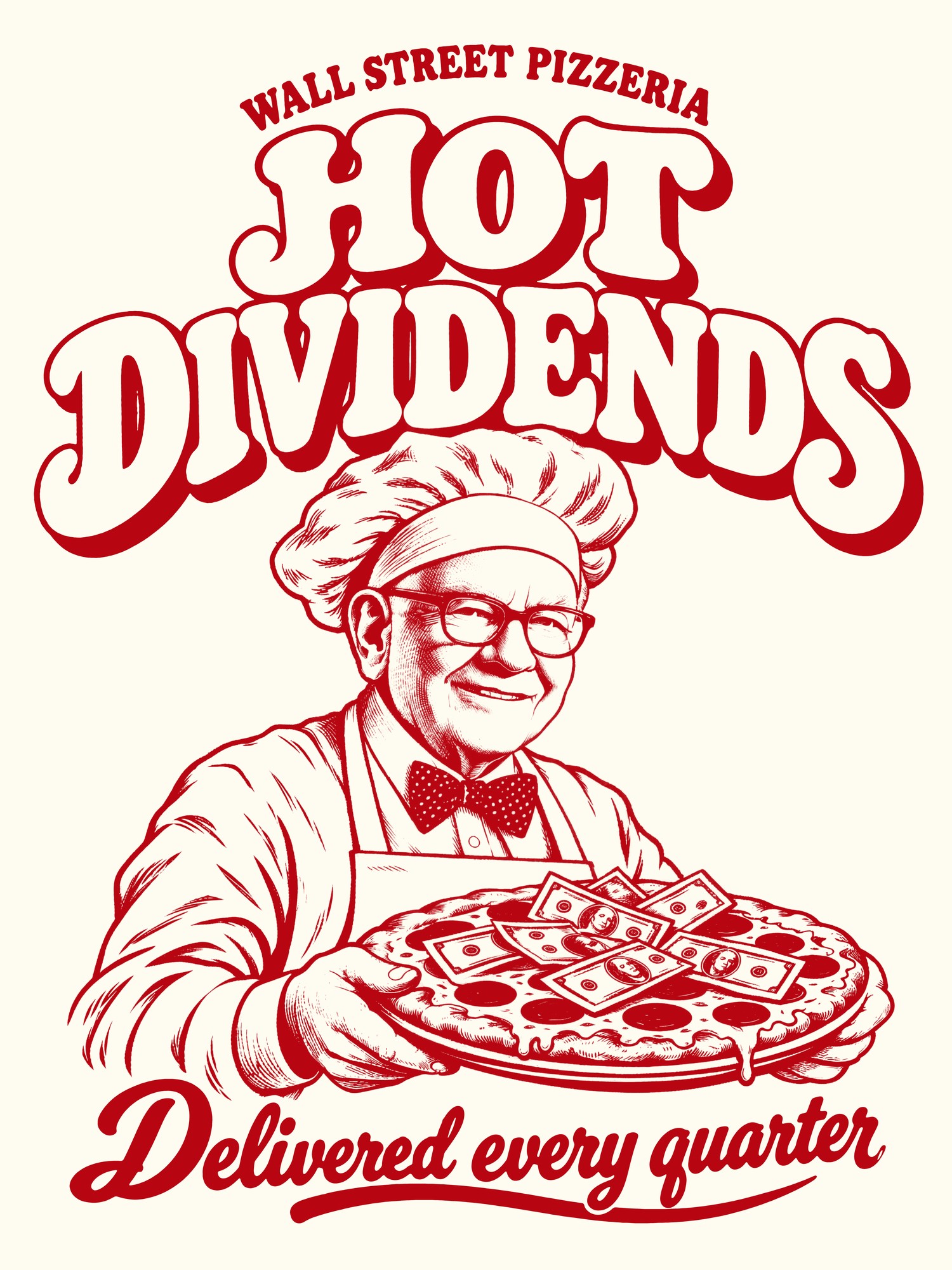 Poster Hot Dividends: ein Pizzabäcker serviert eine Pizza, die mit Geldscheinen belegt ist