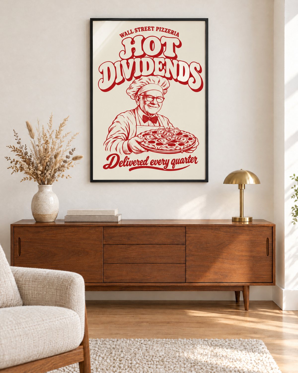 Vorschau: das Poster in einem schwarzenRahmen über einem Sideboard im Wohnzimmer