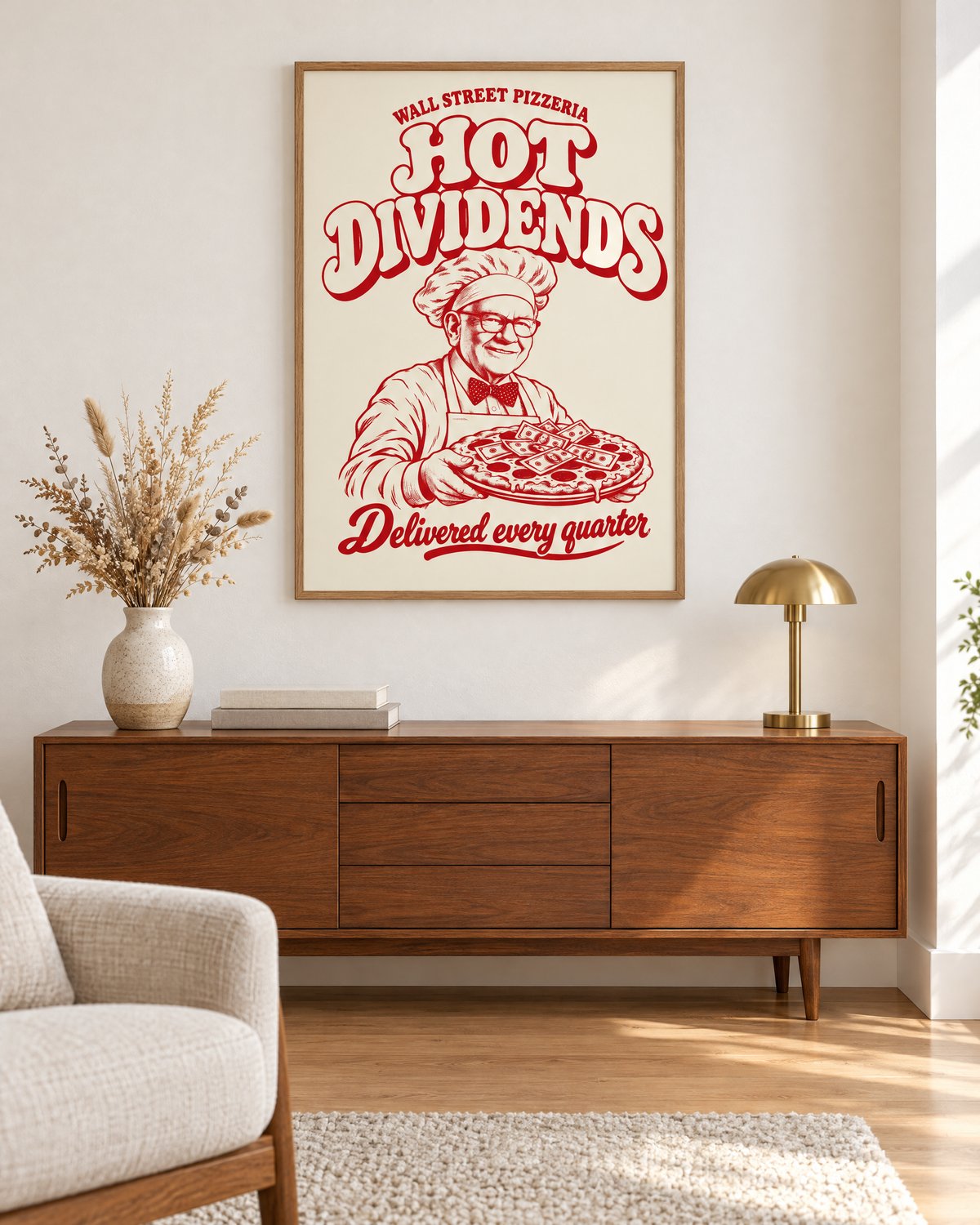 Poster im Eichenrahmen über einem Sideboard im Wohnzimmer